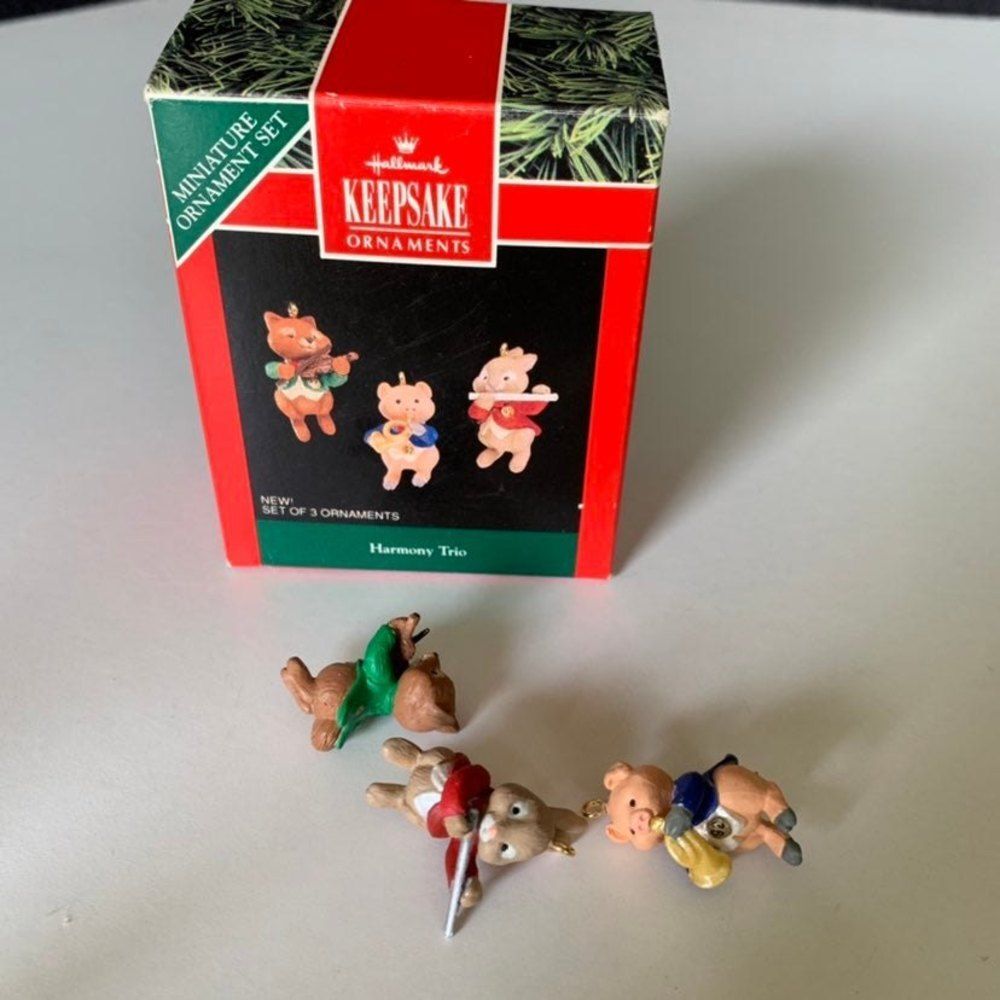 1992 Hallmark Keepsake Harmony Trio Set Miniature Ornament animals playing music